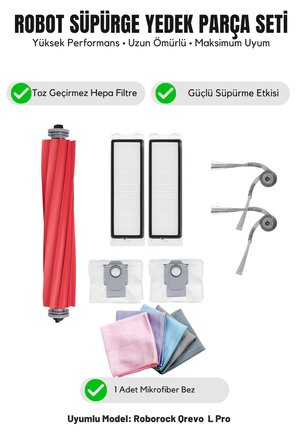 Roborock Qrevo L Pro ile Uyumlu 1 Ana Fırça 2 Yan Fırça 2 Filtre 2 Toz Torbası 1 Temizlik Bezi