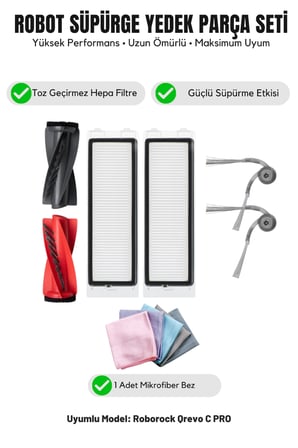 Roborock Qrevo C PRO ile Uyumlu 1 Ana Fırça 2 Yan Fırça 2 Filtre 1 Temizlik Bezi