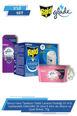 Banyo Hava Tazeleyici Yedek Lavanta Ferahlığı 10 ml & Raid Ayarlanabilir Elektrolikit 30 Gece & Mini Jel, Meyve ve Çiçek Buketi, 70g 