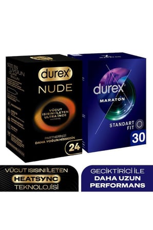 Durex Nude Ultra İnce 24’lü + Maraton Geciktiricili Standart Fit Prezervatif 30’lu Set