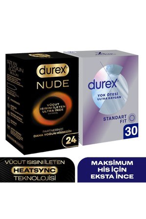 Durex Nude Ultra İnce 24’lü + Yok Ötesi Ultra Kaygan Standart Fit Prezervatif 30’lu Set