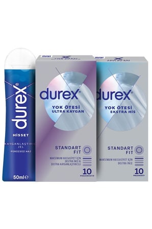 Yok Ötesi Ultra Kaygan 10’lu + Ekstra His 10’lu Prezervatif + Hisset Jel 50 ml Set