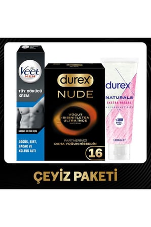 Durex Nude 16’lı Prezervatif + Naturals Jel 100 ml + Veet Men Tüy Dökücü Krem Seti