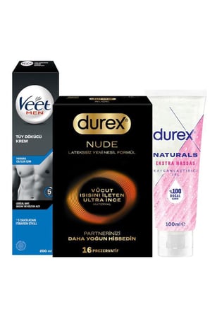 Durex Nude 16’lı Prezervatif + Naturals Jel 100 ml + Veet Men Tüy Dökücü Krem Seti