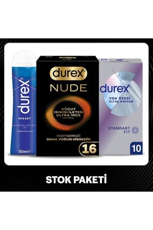 Prezervatif Stok Paketi Nude 16’lı + Ultra Kaygan 10’lu + Hisset Jel 50 ml