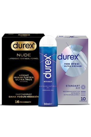 Prezervatif Stok Paketi Nude 16’lı + Ultra Kaygan 10’lu + Hisset Jel 50 ml