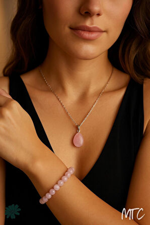 🌸 Pembe Kuvars (Rose Quartz) Doğal Taş Bileklik & Kolye(Stresi azaltıcı, huzur ve dinginlik taşı)
