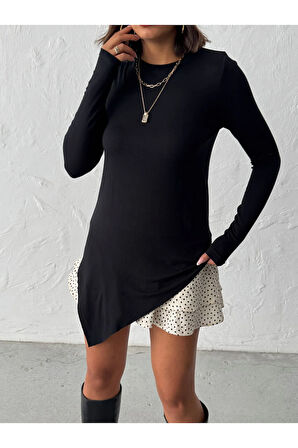 Kadın Leopar Asimetrik Etek Bisiklet Yaka Viskon Elasthane Tunik Bluz