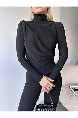 Kadın Bluz Dik Yaka Büzgü Detaylı Likralı Sandy