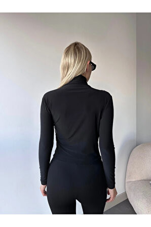 Kadın Bluz Dik Yaka Büzgü Detaylı Likralı Sandy