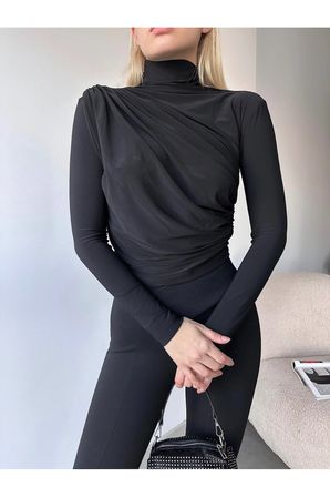 Kadın Bluz Dik Yaka Büzgü Detaylı Likralı Sandy