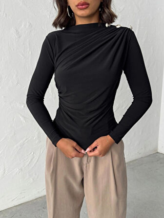 Kadın Omuzu Düğmeli Drape Detaylı Sandy Bluz