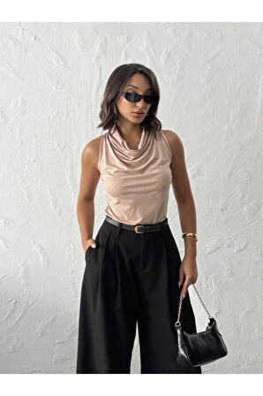 Kadın Bej Degaje Yaka Düğmeli Kolsuz Sandy Kumaş Bluz