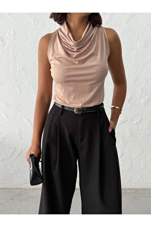 Kadın Bej Degaje Yaka Düğmeli Kolsuz Sandy Kumaş Bluz