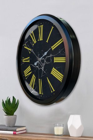 Siyah Mermer Desenli 52 Cm Metal Duvar Saati