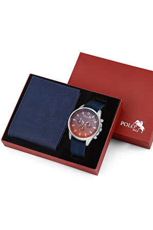 Renkli Cam Erkek Kol Saati Ve Cüzdan Hediyelik Kutusunda Kombin Lacivert Gümüş Renk PL-7004E2