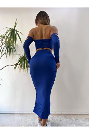 Saks Mavi Lazer Kesim Detaylı İkili Uzun Takım