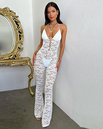 Lace Jumpsuit With Skinny Flared Legs White