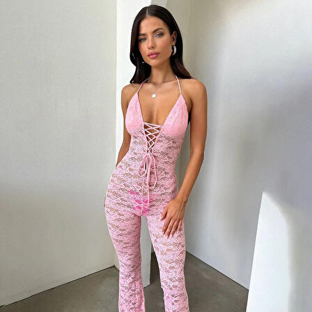 Lace Jumpsuit With Skinny Flared Legs Pink