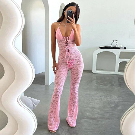 Lace Jumpsuit With Skinny Flared Legs Pink