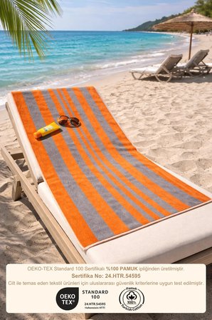 Plaj Havlusu %100 Pamuk Sertifikalı Kabana Turuncu Gri Çizgili Havuz Plaj Havlu 70x140cm
