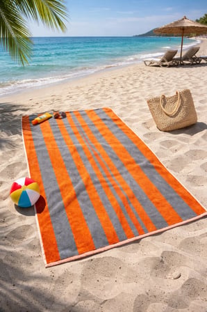Plaj Havlusu %100 Pamuk Sertifikalı Kabana Turuncu Gri Çizgili Havuz Plaj Havlu 70x140cm