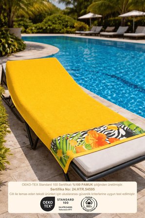 Sarı Plaj Havlusu %100 Pamuk Sertifikalı Tropik Desenli Havuz Havlusu Üstün Emici 75x150cm