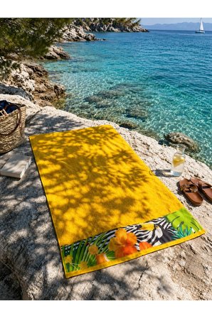 Sarı Plaj Havlusu %100 Pamuk Sertifikalı Tropik Desenli Havuz Havlusu Üstün Emici 75x150cm