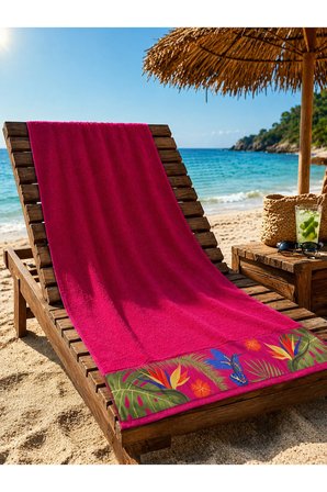 Pembe Plaj Havlusu %100 Pamuk Sertifikalı Tropik Desenli Havuz Havlusu Üstün Emici 75x150cm