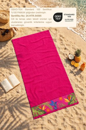 Pembe Plaj Havlusu %100 Pamuk Sertifikalı Tropik Desenli Havuz Havlusu Üstün Emici 75x150cm
