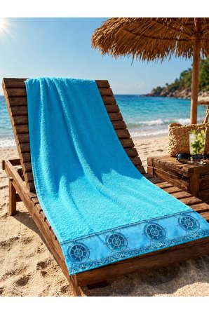 Turkuaz Plaj Havlusu %100 Pamuk Sertifikalı Gemi Dümeni Desenli Havuz Havlusu Üstün Emici 75x150cm