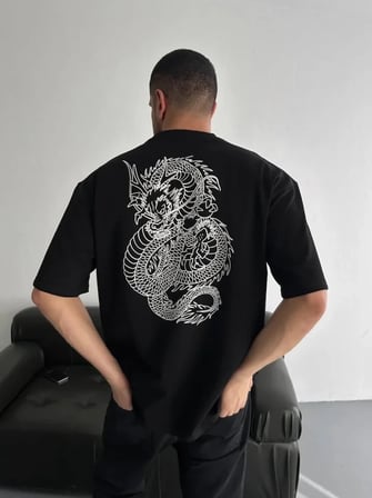 Baskılı Oversize Bisiklet Yaka Tshirt