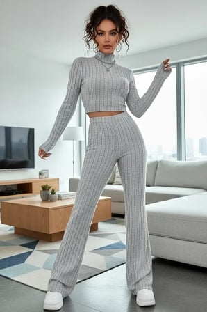 Kadın Gri Çizgili Boğazlı Crop Top Yüksek Bel Pantolon Takım Şık 2’li Set