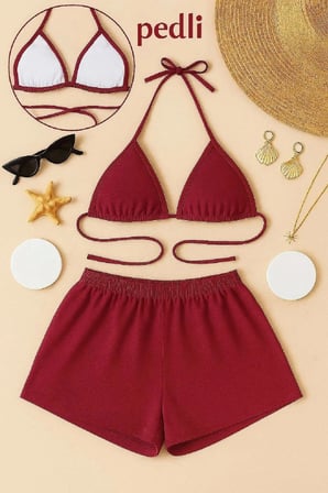 Bordo Şortlu Bağlamalı Bikini Takımı Üçgen Kesim Ayarlanabilir Esnek Kumaş Kadın Mayo Seti