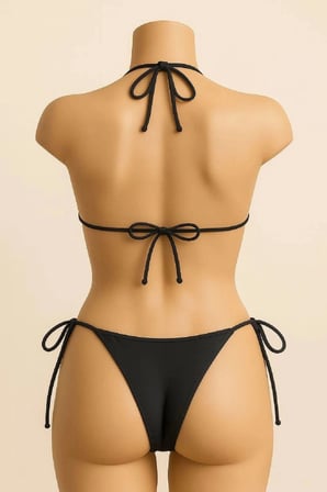Kadın Siyah Bikini Mayo Takımı Yandan Ve Boyundan Bağlamalı Şık Plaj Ve Havuz Seti