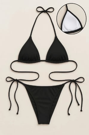 Kadın Siyah Bikini Mayo Takımı Yandan Ve Boyundan Bağlamalı Şık Plaj Ve Havuz Seti