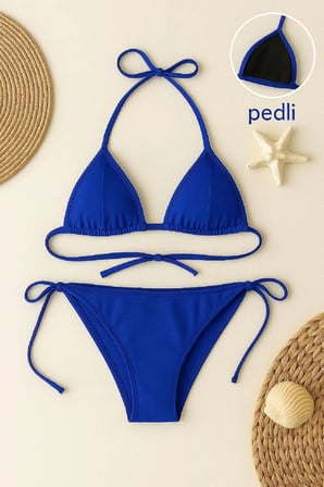 Mavi Üçgen Bikini Takımı Yandan ve Boyundan Bağlamalı Esnek Kumaş Kadın Mayo Seti