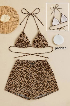 Leopar Desenli Şortlu Bağlamalı Bikini Takımı Üçgen Kesim Ayarlanabilir Esnek Kumaş Kadın Mayo Seti