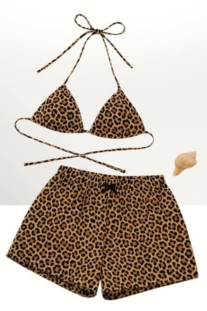 Leopar Desenli Şortlu Bağlamalı Bikini Takımı Üçgen Kesim Ayarlanabilir Esnek Kumaş Kadın Mayo Seti