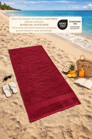 Bordo Plaj Havlusu %100 Pamuk Sertifikalı Deniz & Havuz Havlu 70x140cm