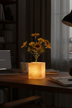 Işıklı Yapay Çiçek – Sarı Saksılı LED Dekoratif Bitki, Masaüstü ve Ev Ofis Aydınlatmalı Süs