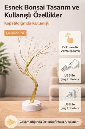 Masaüstü Peri Ağaç LED Lamba – Gün Işığı Rengi, 3 Kademeli Işık Ayarlı, Şarjlı Dekoratif Ort