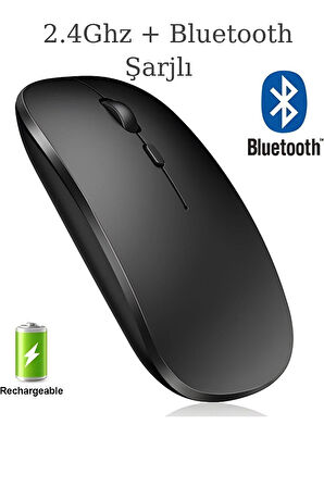 Plentiful Şarjlı Kablosuz 2.4G+Bluetooth Mouse Sessiz Siyah İnce
