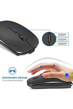 Plentiful Şarjlı Kablosuz 2.4G+Bluetooth Mouse Sessiz Siyah İnce