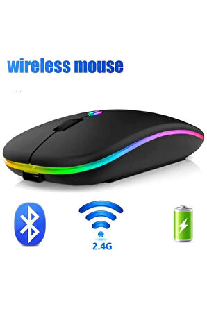 Plentiful Rgb Işıklı Şarjlı Kablosuz 2.4G+Bluetooth Mouse Sessiz Siyah