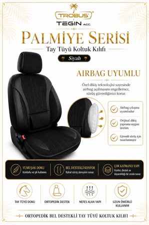 Honda Accord 2003 Sonrası Uyumlu Palmiye Serisi Siyah Bel Destekli Tay Tüyü Koltuk Kılıfı