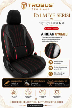 Hyundai Kona 2017 Sonrası Uyumlu Palmiye Serisi Siyah Kırmızı Bel Destekli Tay Tüyü Koltuk Kılıfı