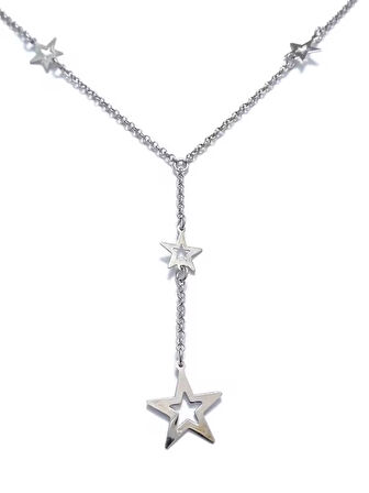 Kadın 925 Ayar Gümüş Uzun Sallantılı Taşsız Yıldız Desenli Kolye