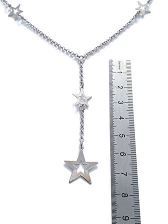 Kadın 925 Ayar Gümüş Uzun Sallantılı Taşsız Yıldız Desenli Kolye