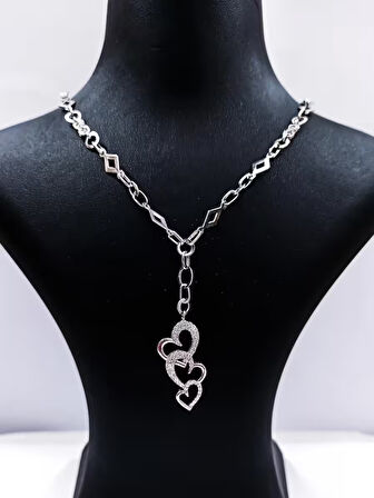 Kadın 925 Ayar Gümüş Üçlü Kalpli Zirkon Taşlı Kolye